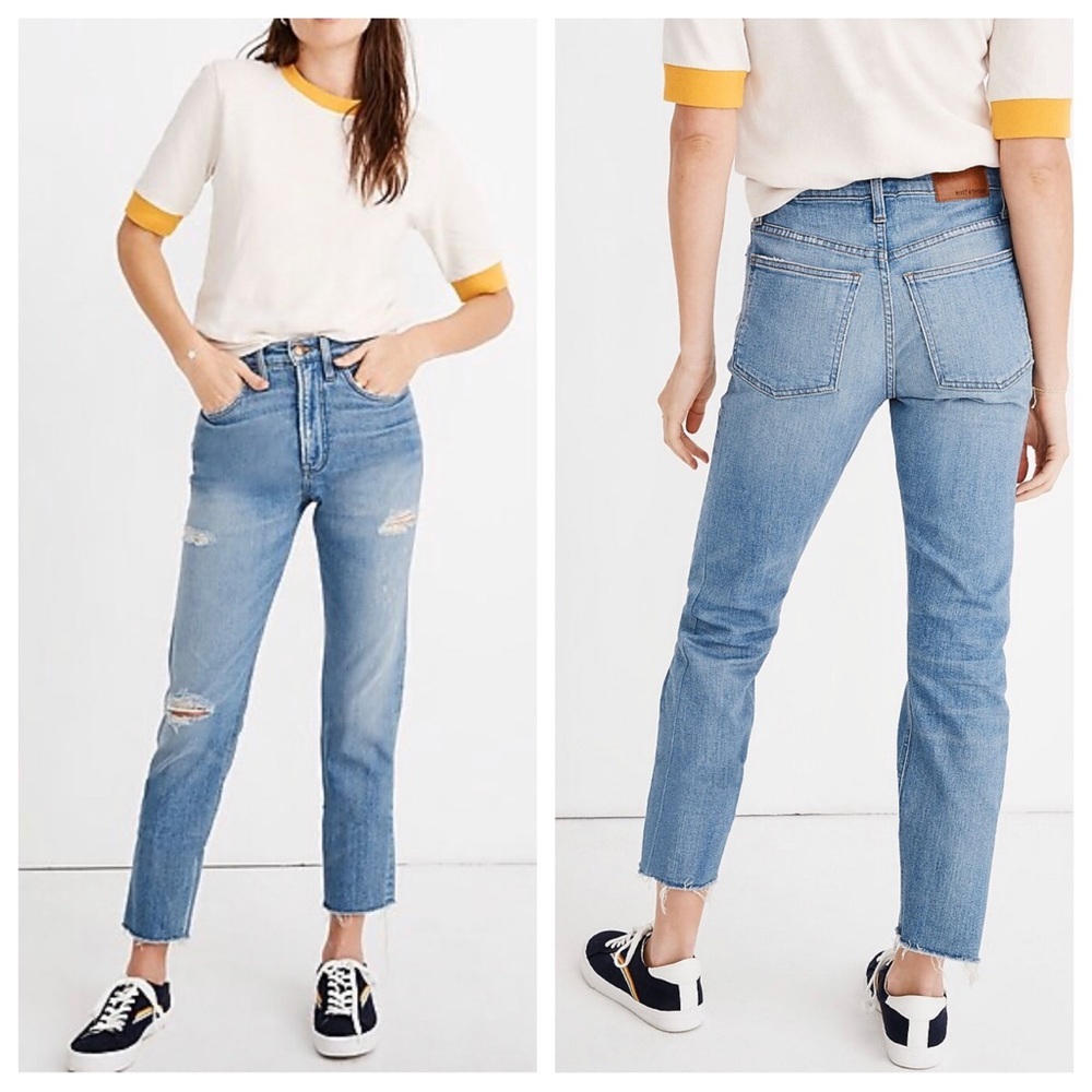 Rivet Thread Womens High Rise‎ Distressed Holey Denim Jeans Straight Leg Raw Hem
